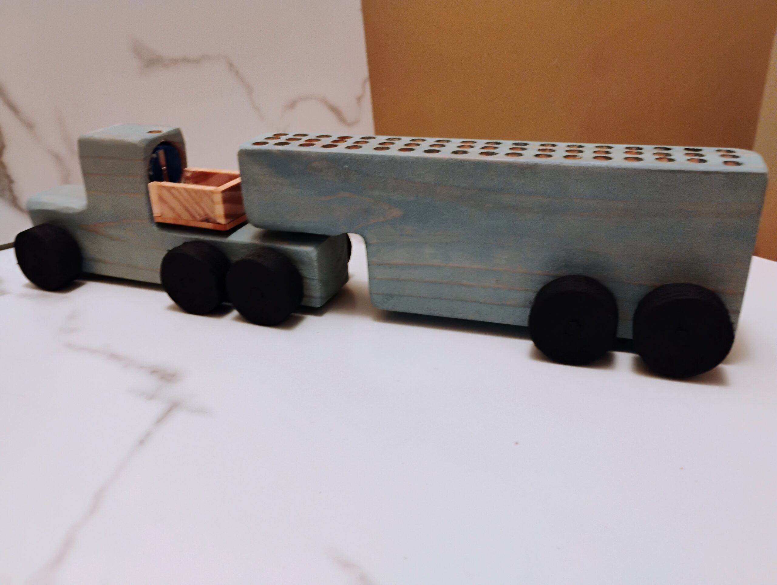 Handmade Wooden Truck and Trailer, Holds 54 crayons and/or pencils. Built in sharpener and shavings dump box. - Image 2