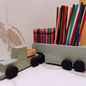 Handmade Wooden Truck and Trailer, Holds 54 crayons and/or pencils. Built in sharpener and shavings dump box.