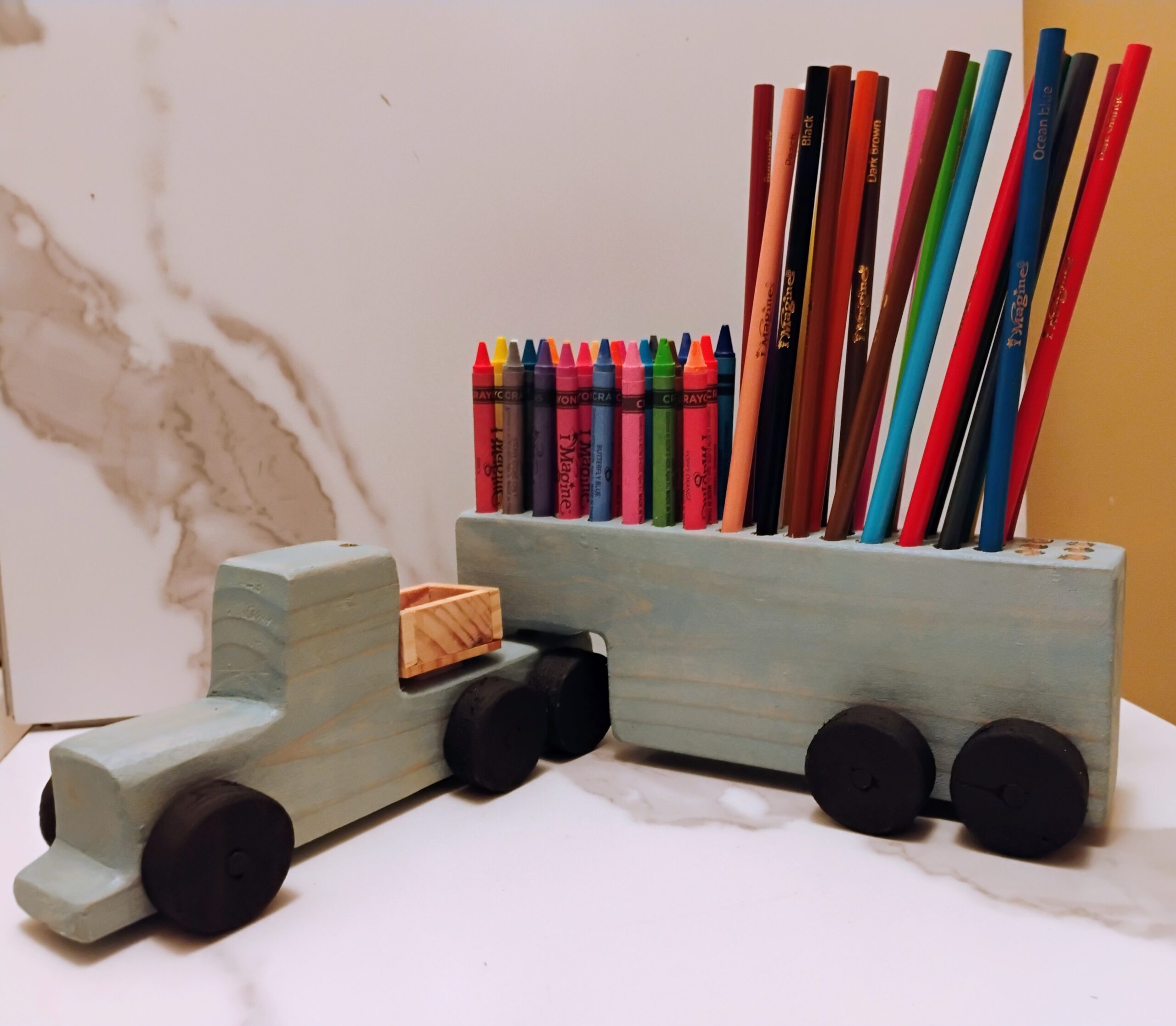 Handmade Wooden Truck and Trailer, Holds 54 crayons and/or pencils. Built in sharpener and shavings dump box.